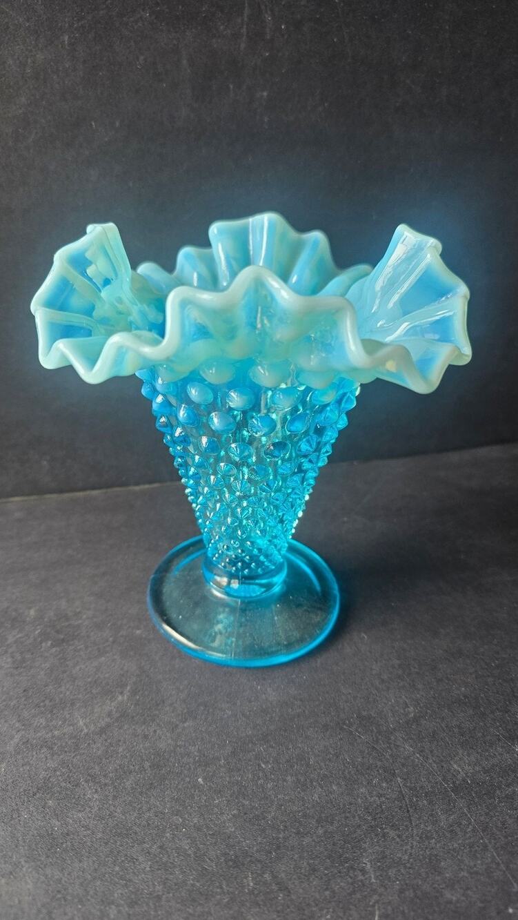 Vintage Blue Opalescent Hobnail Art Glass Ruffled Small Bud Vase Pedestal Decor